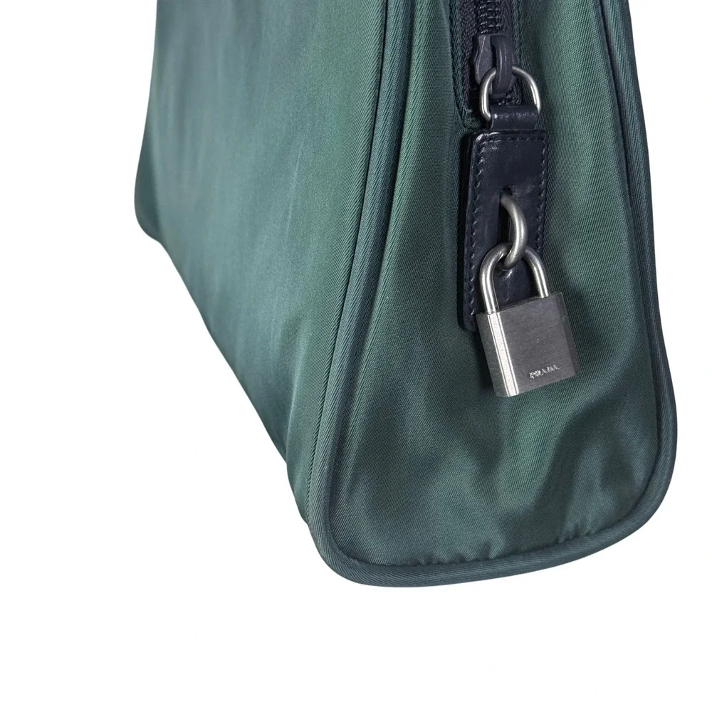 Prada Tessuto Nylon Tote Bag‎ Forest Green Silver Hardware Padlock Clochette